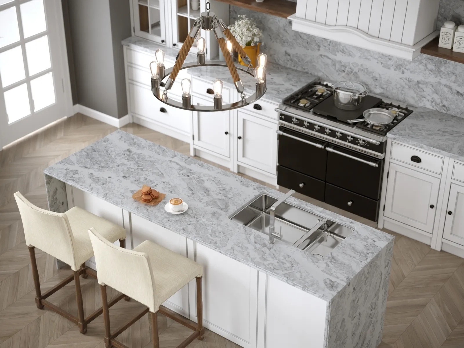 Image of installed Vicostone Splendix White Quartz countertops