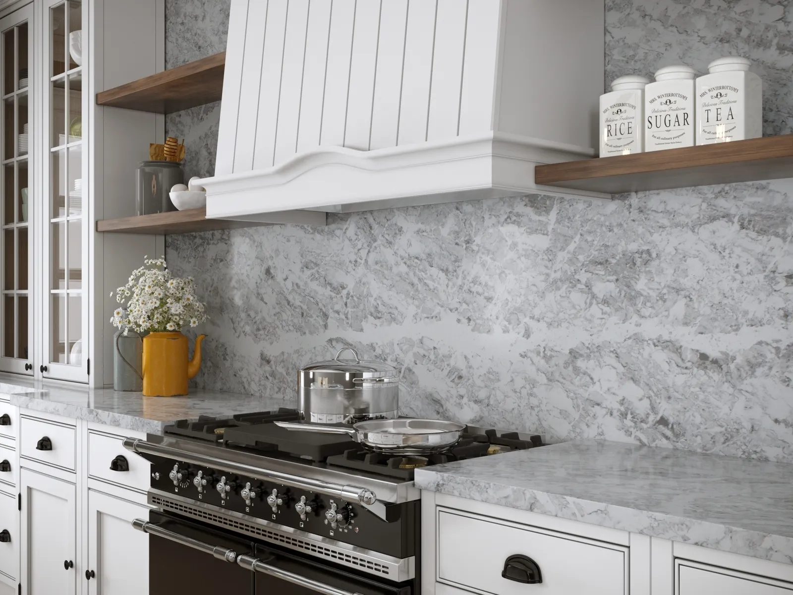 Image of installed Vicostone Splendix White Quartz countertops