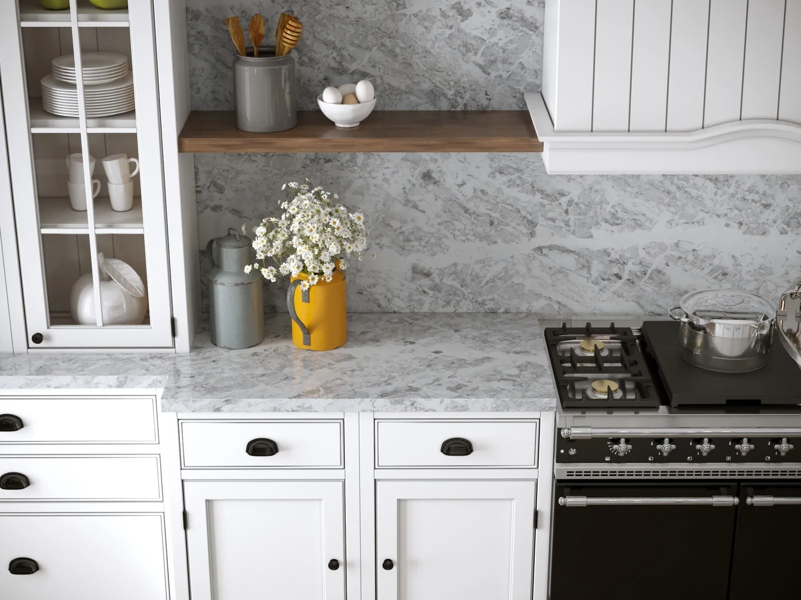 Image of installed Vicostone Splendix White Quartz countertops