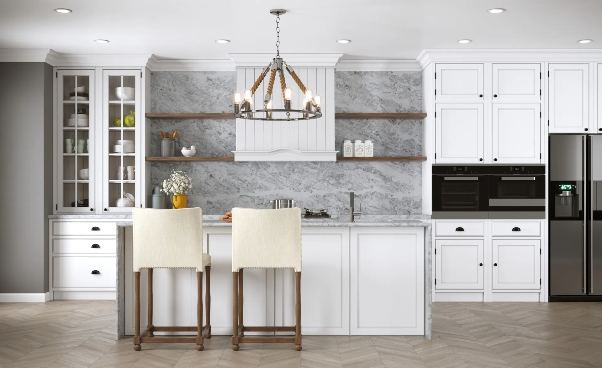 Image of installed Vicostone Splendix White Quartz countertops