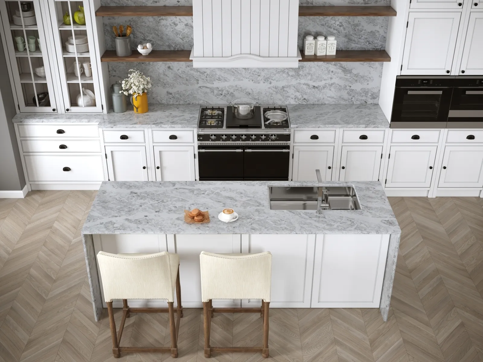 Image of installed Vicostone Splendix White Quartz countertops