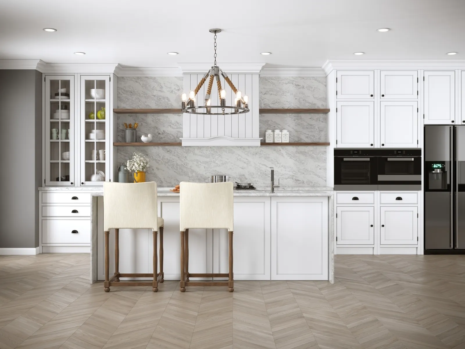 Image of installed Vicostone Splendix White Quartz countertops