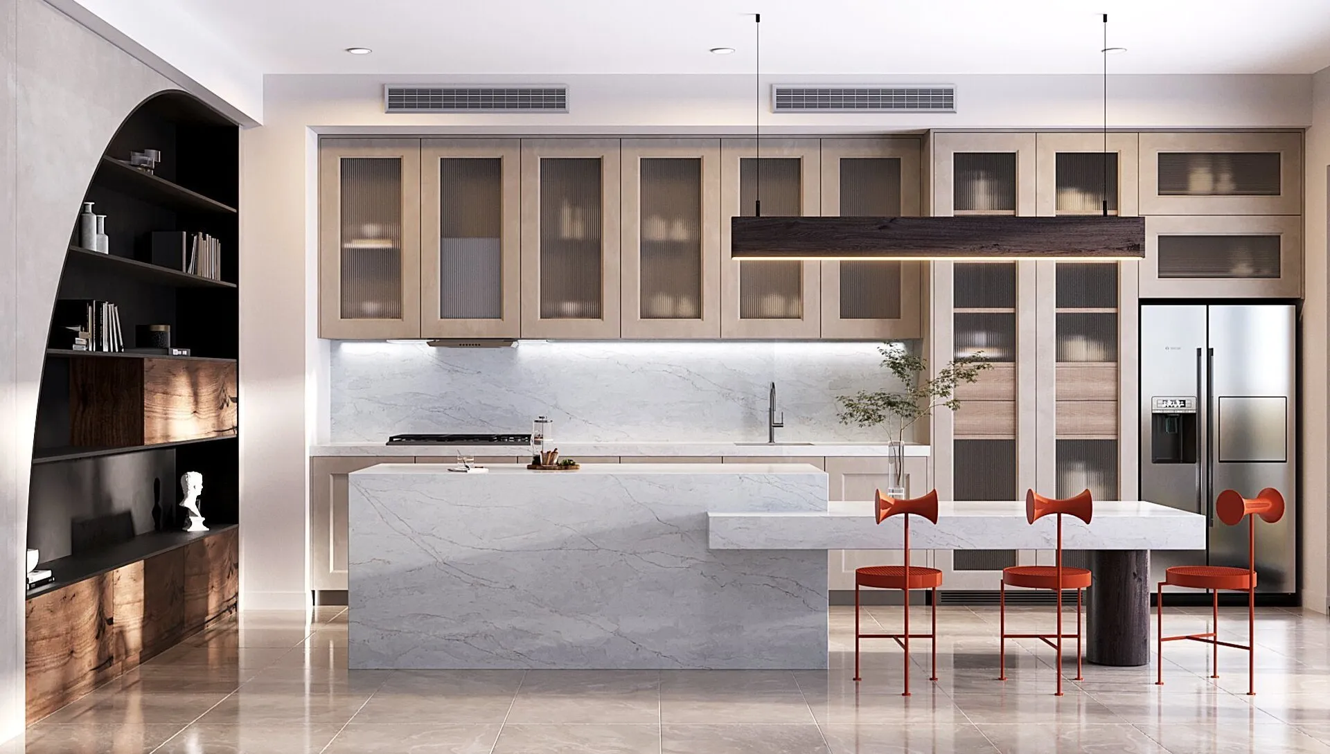 Image of installed Vicostone Tyrol White Quartz countertops