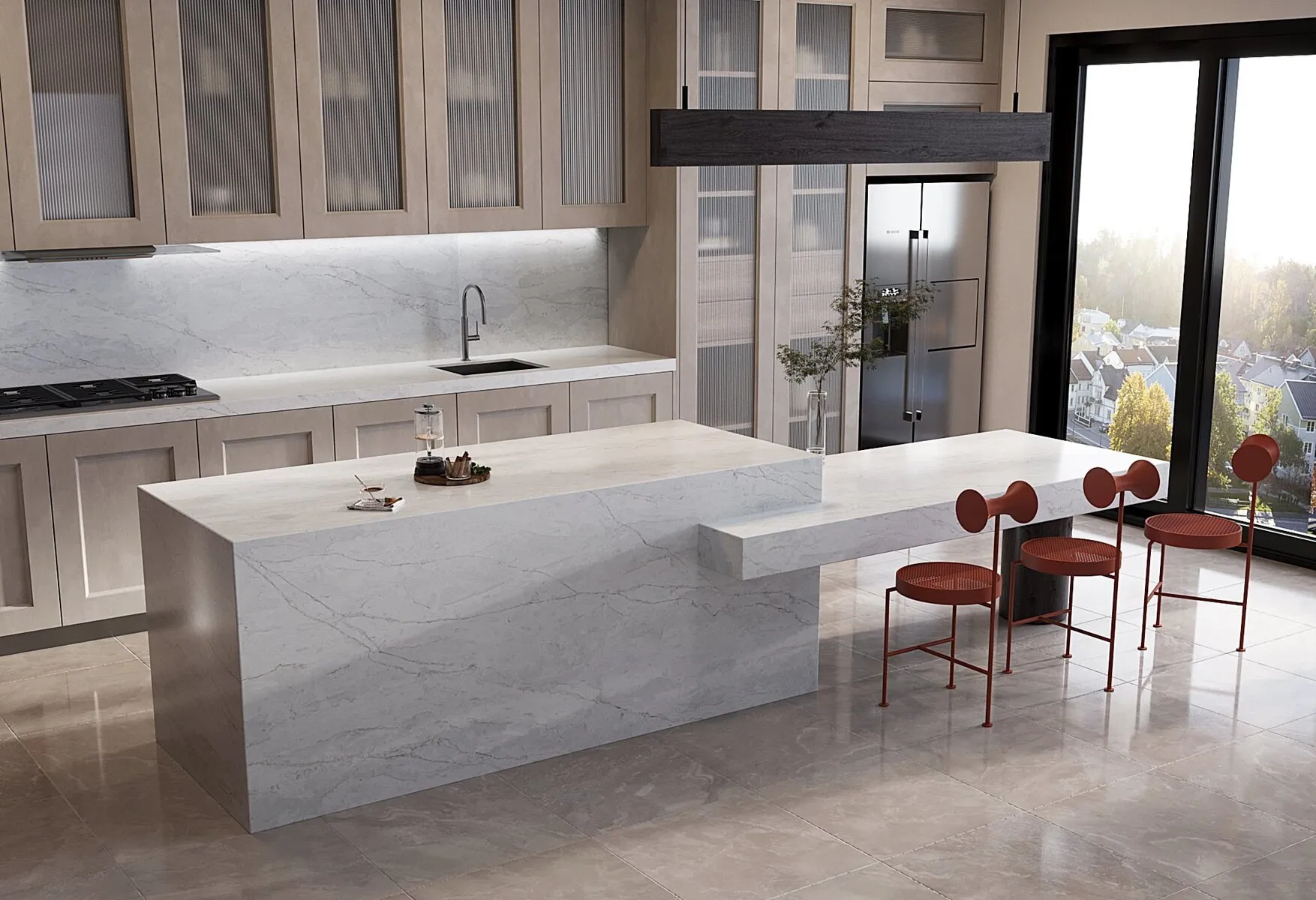 Image of installed Vicostone Tyrol White Quartz countertops