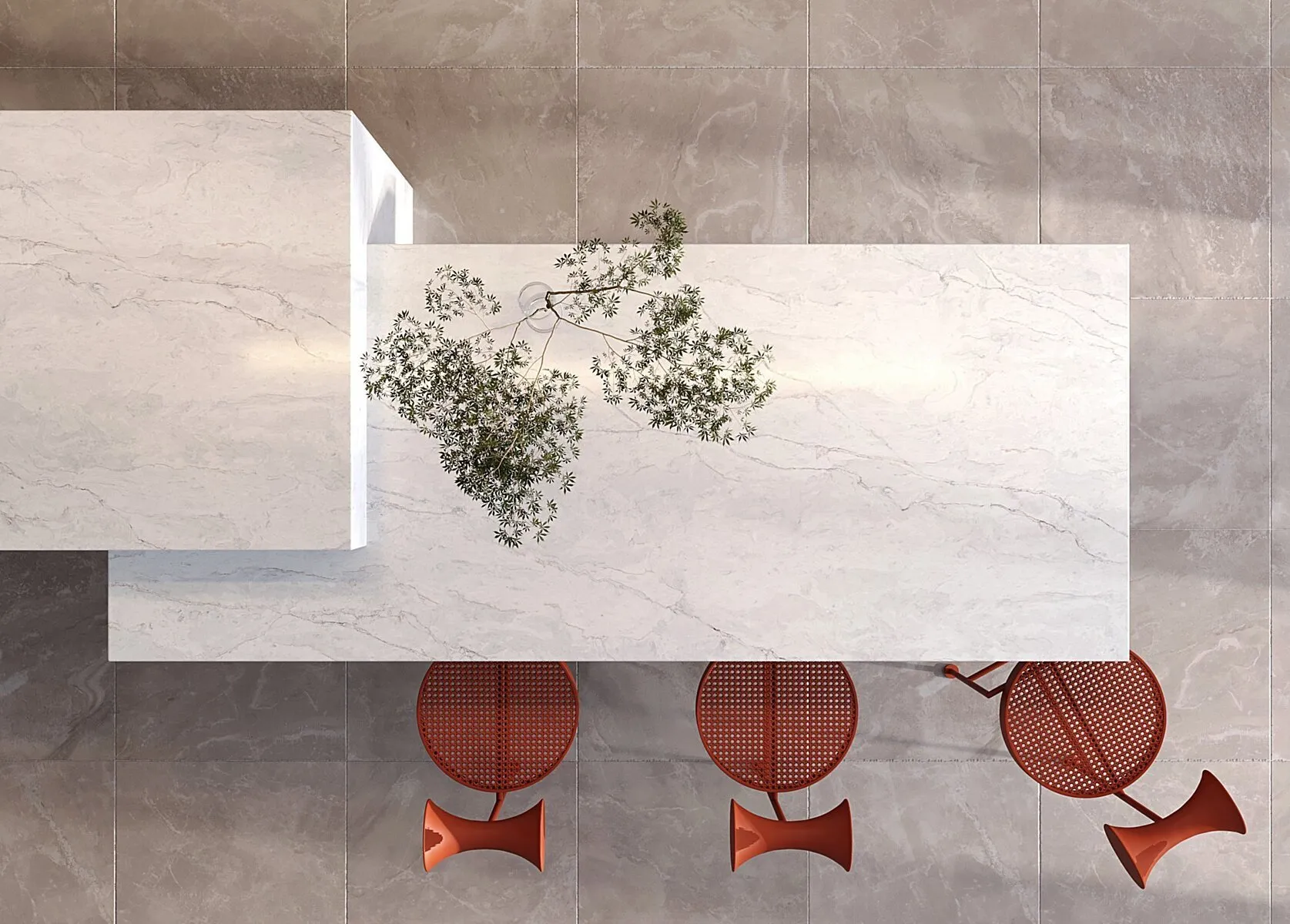 Image of installed Vicostone Tyrol White Quartz countertops