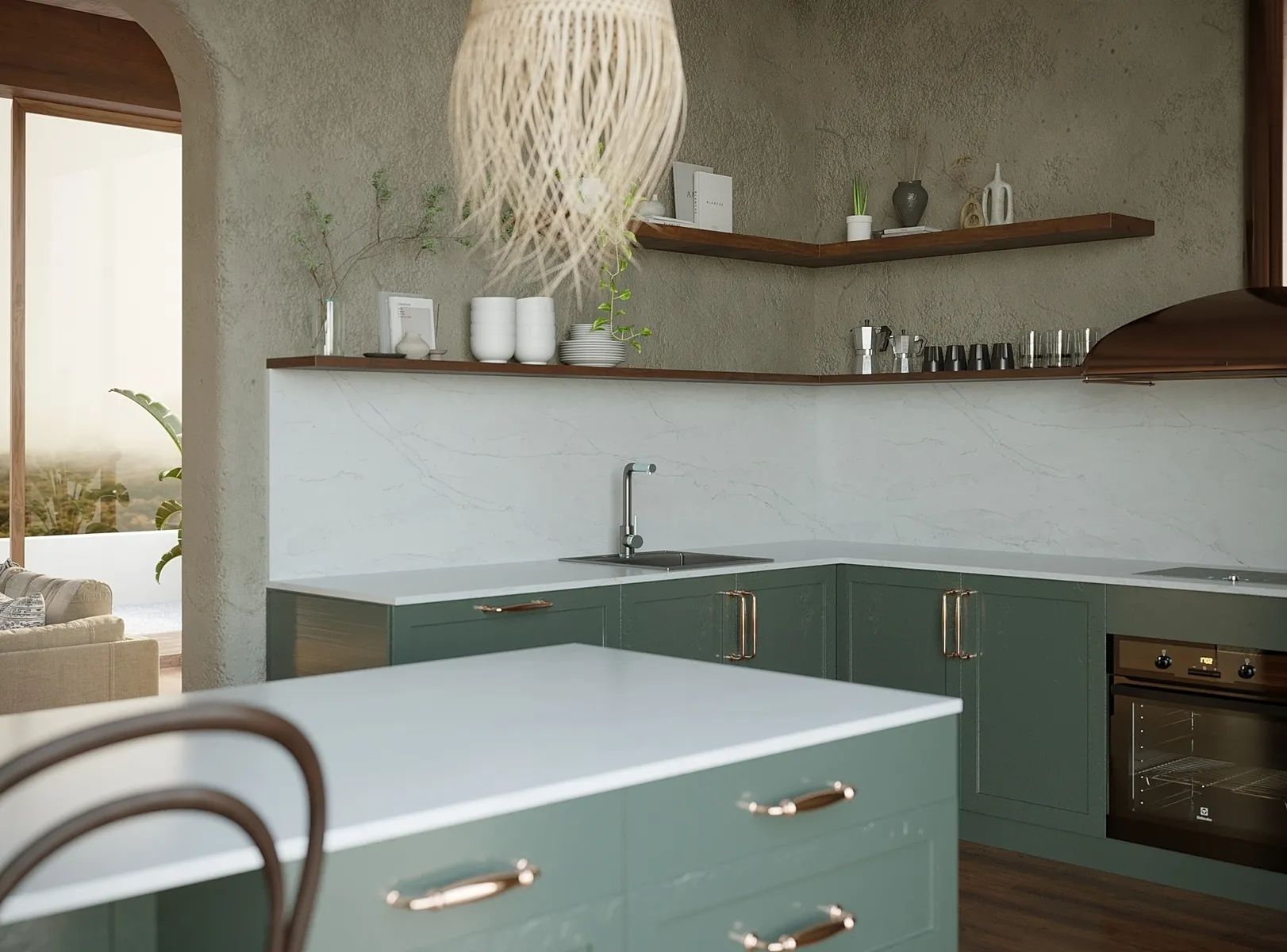 Image of installed Vicostone Tyrol White Quartz countertops