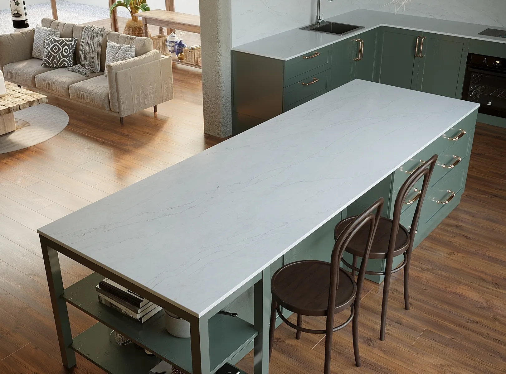 Image of installed Vicostone Tyrol White Quartz countertops