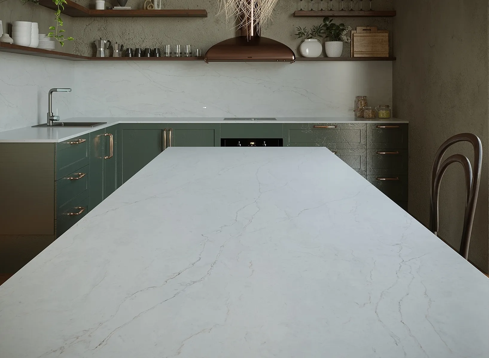 Image of installed Vicostone Tyrol White Quartz countertops