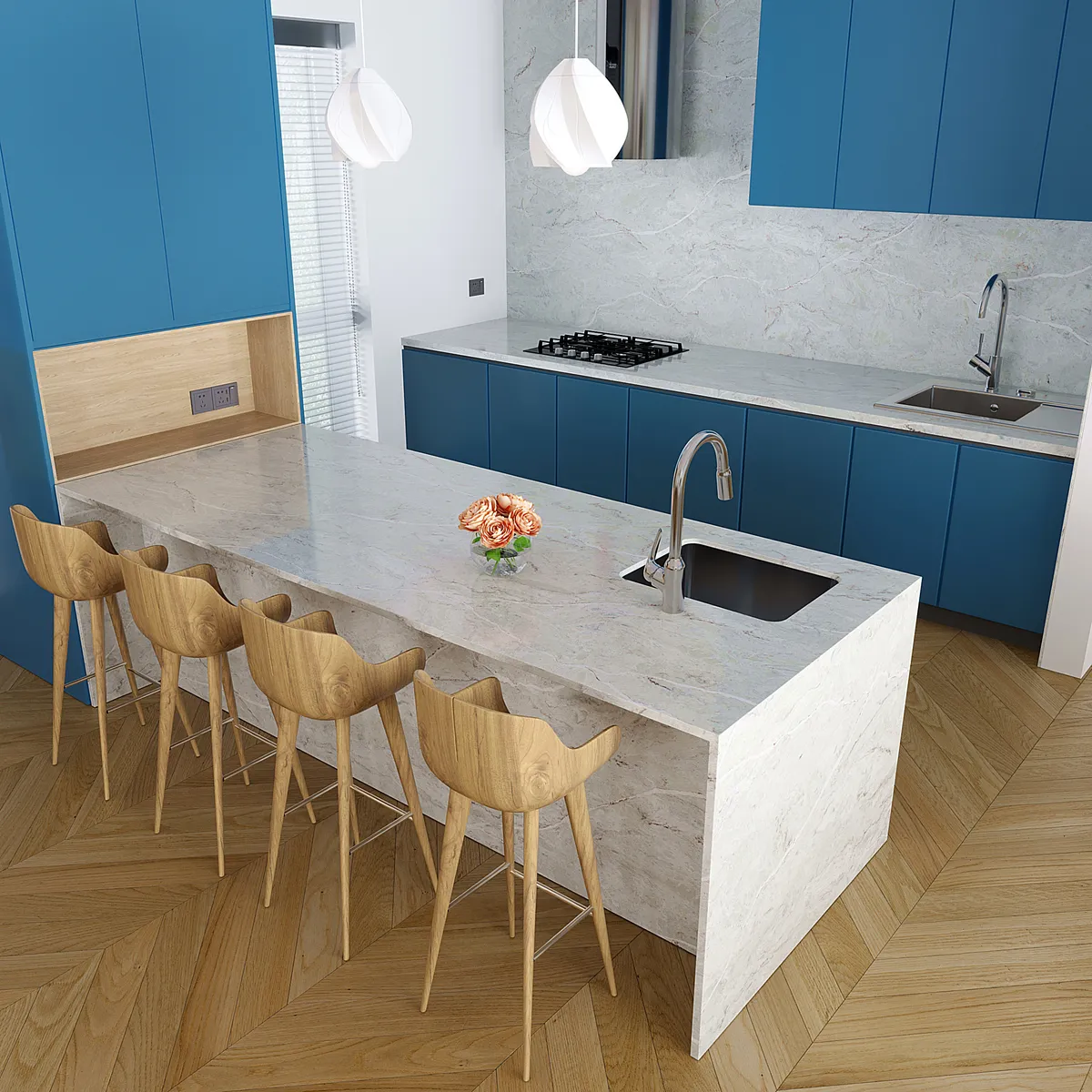 Image of installed Vicostone Verdelia Cream Quartz countertops