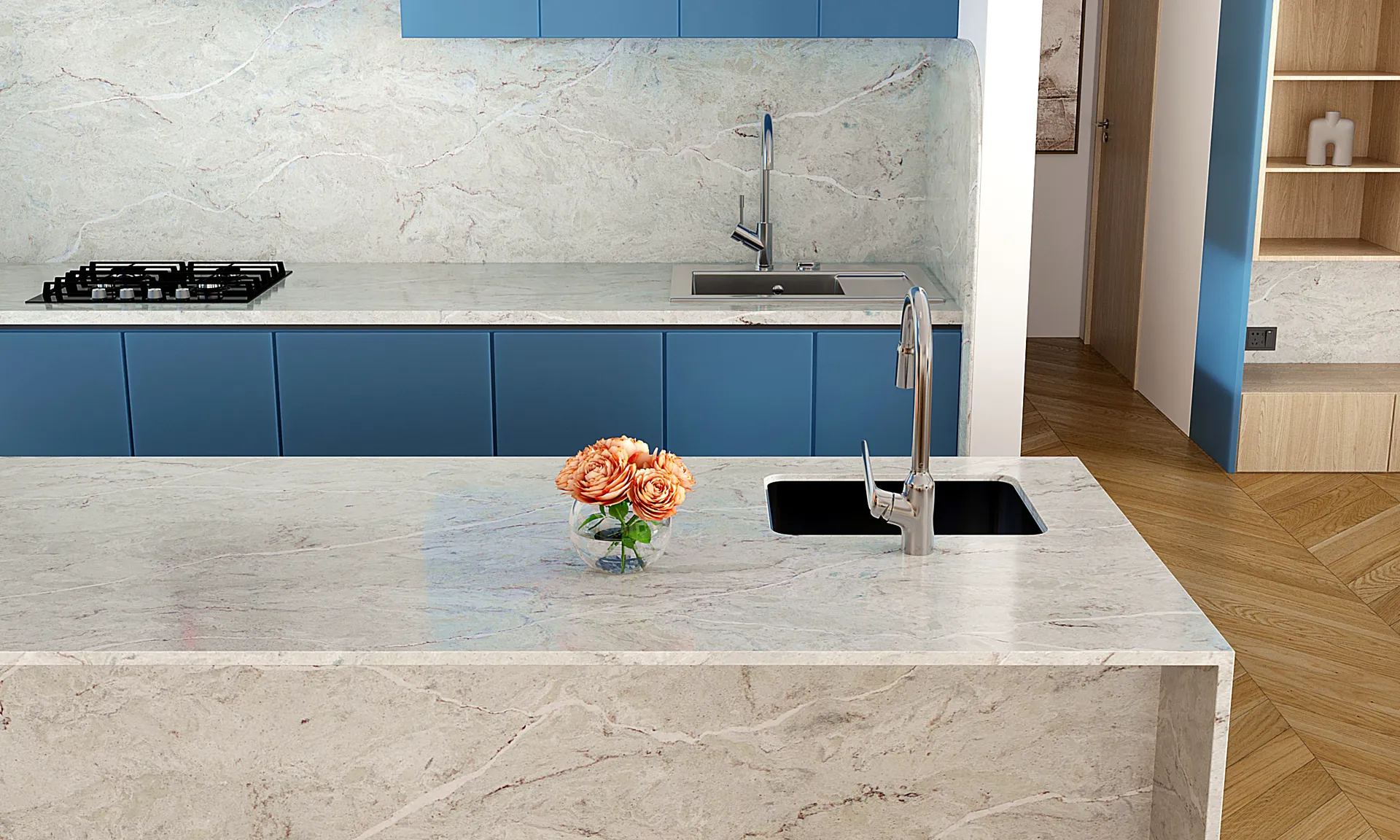 Image of installed Vicostone Verdelia Cream Quartz countertops