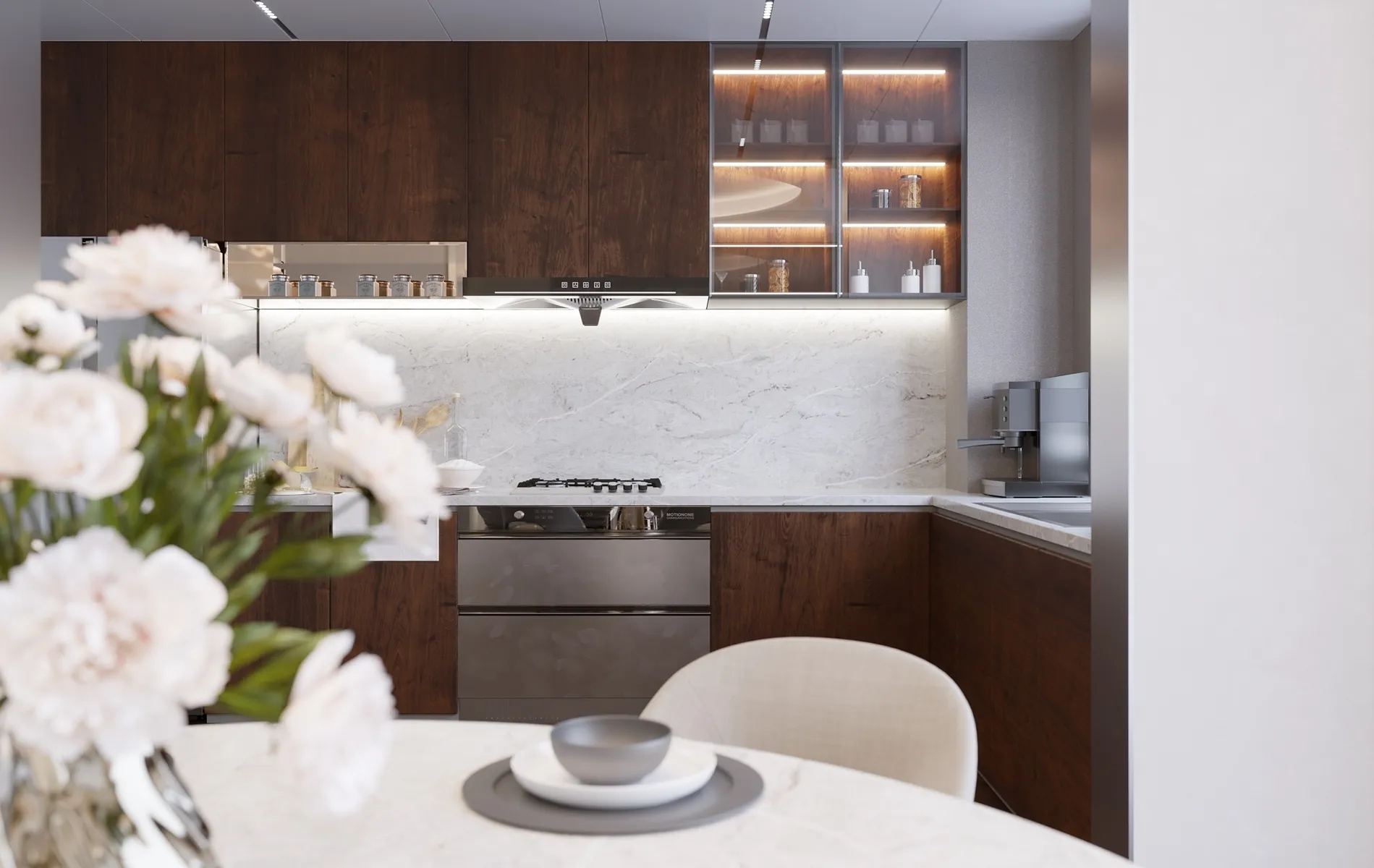 Image of installed Vicostone Verdelia Cream Quartz countertops