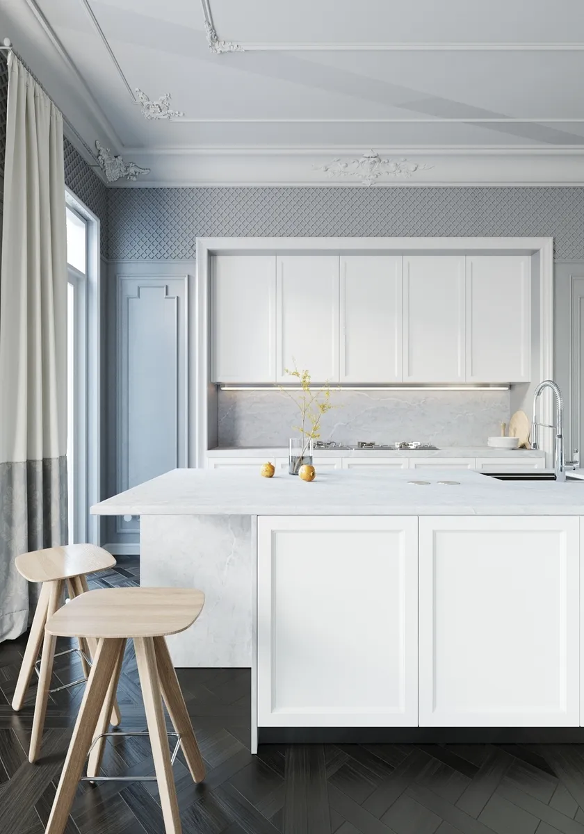 Image of installed Vicostone Verdelia Cream Quartz countertops