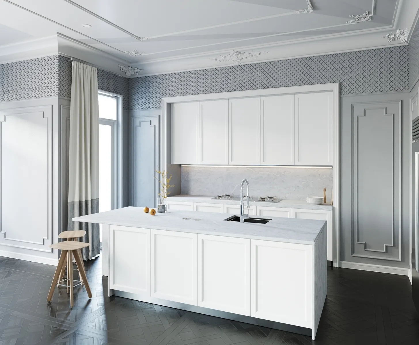 Image of installed Vicostone Verdelia Cream Quartz countertops