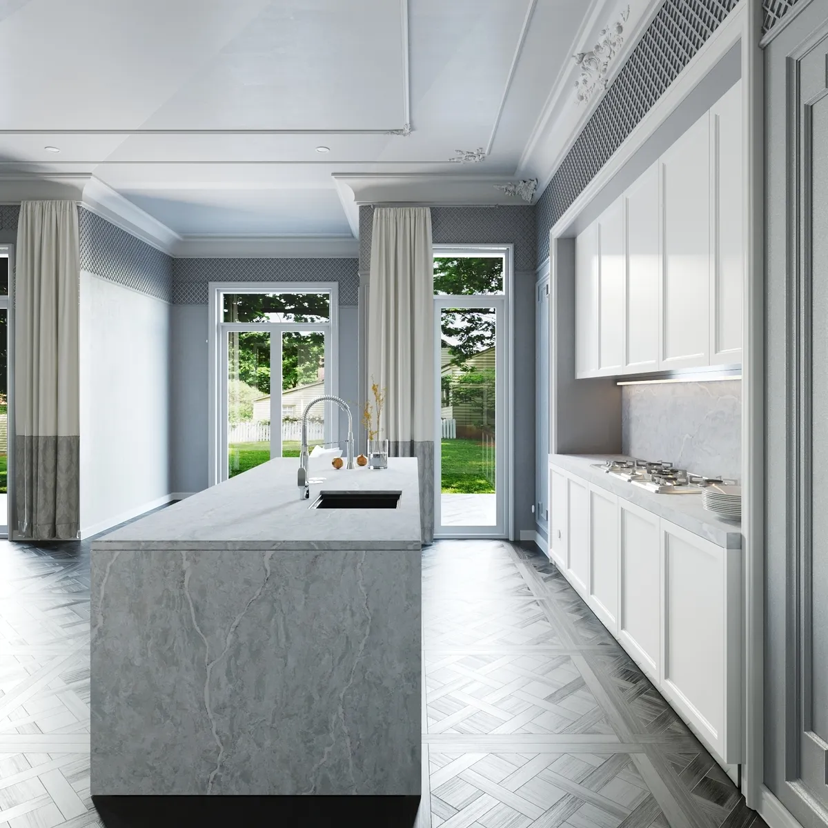 Image of installed Vicostone Verdelia Cream Quartz countertops