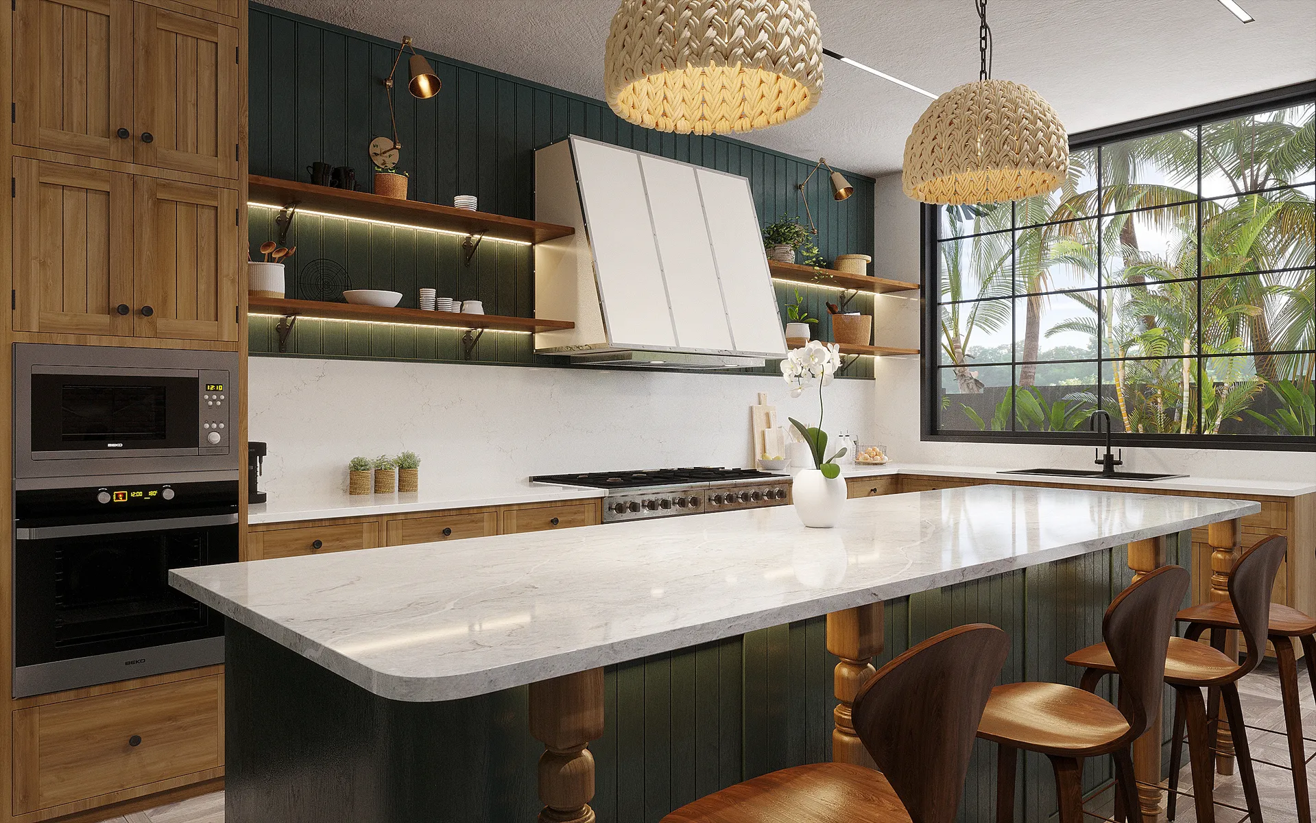 Image of installed Vicostone Verdelia Cream Quartz countertops