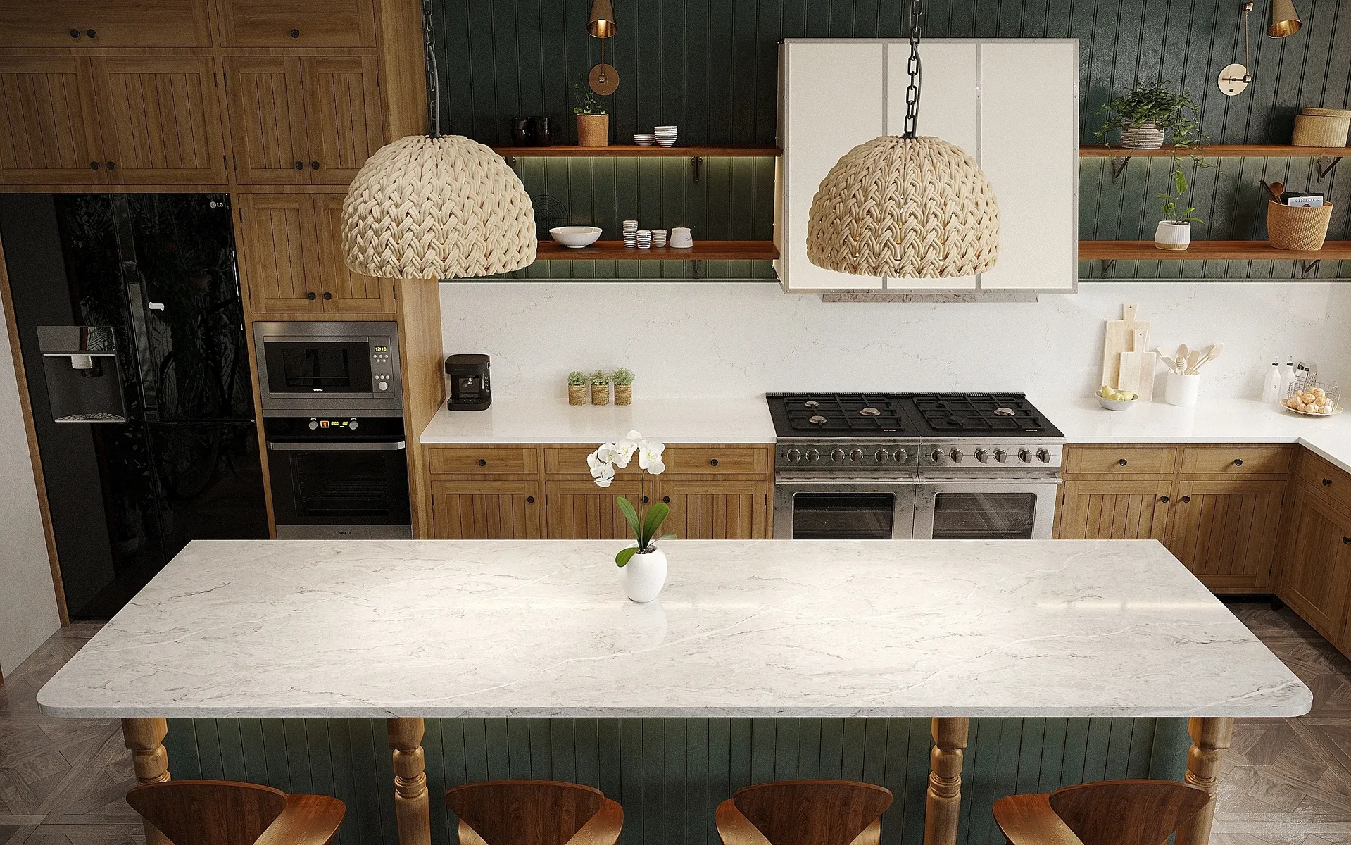 Image of installed Vicostone Verdelia Cream Quartz countertops