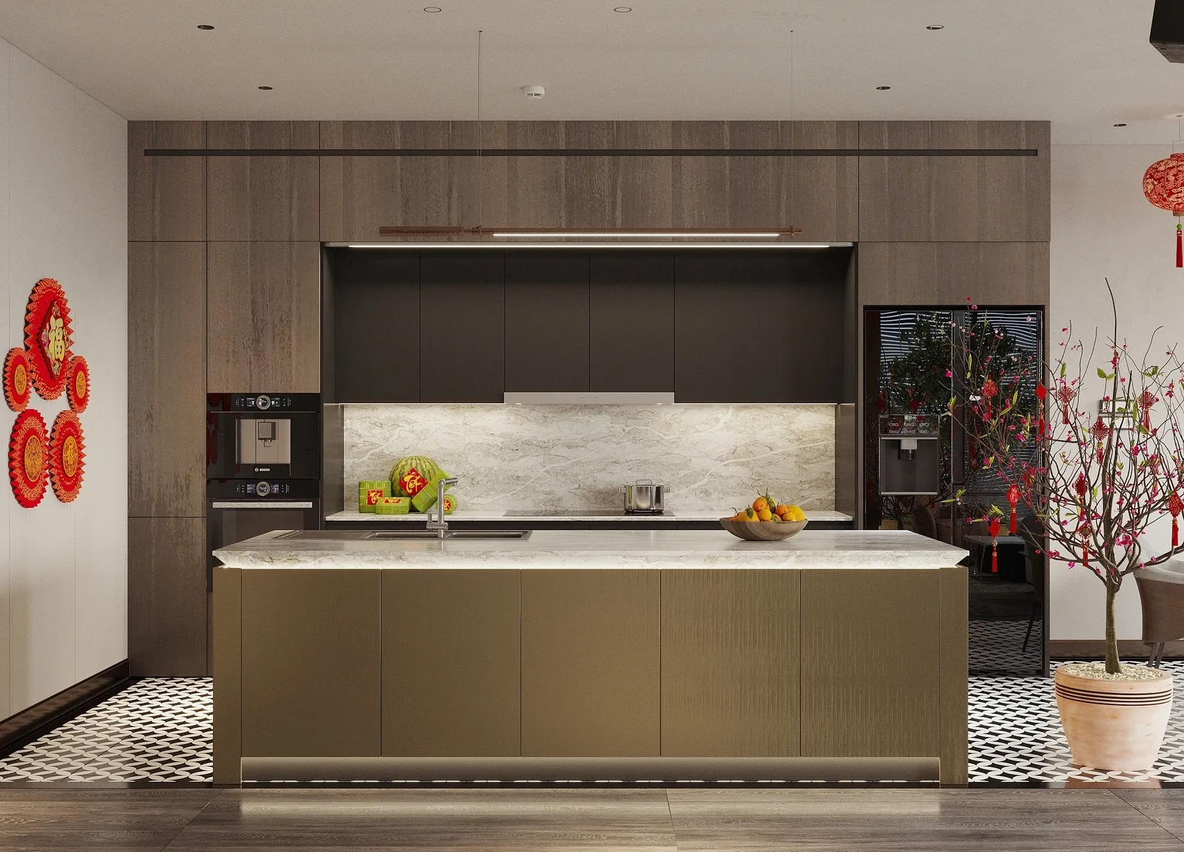 Image of installed Vicostone Verdelia Cream Quartz countertops