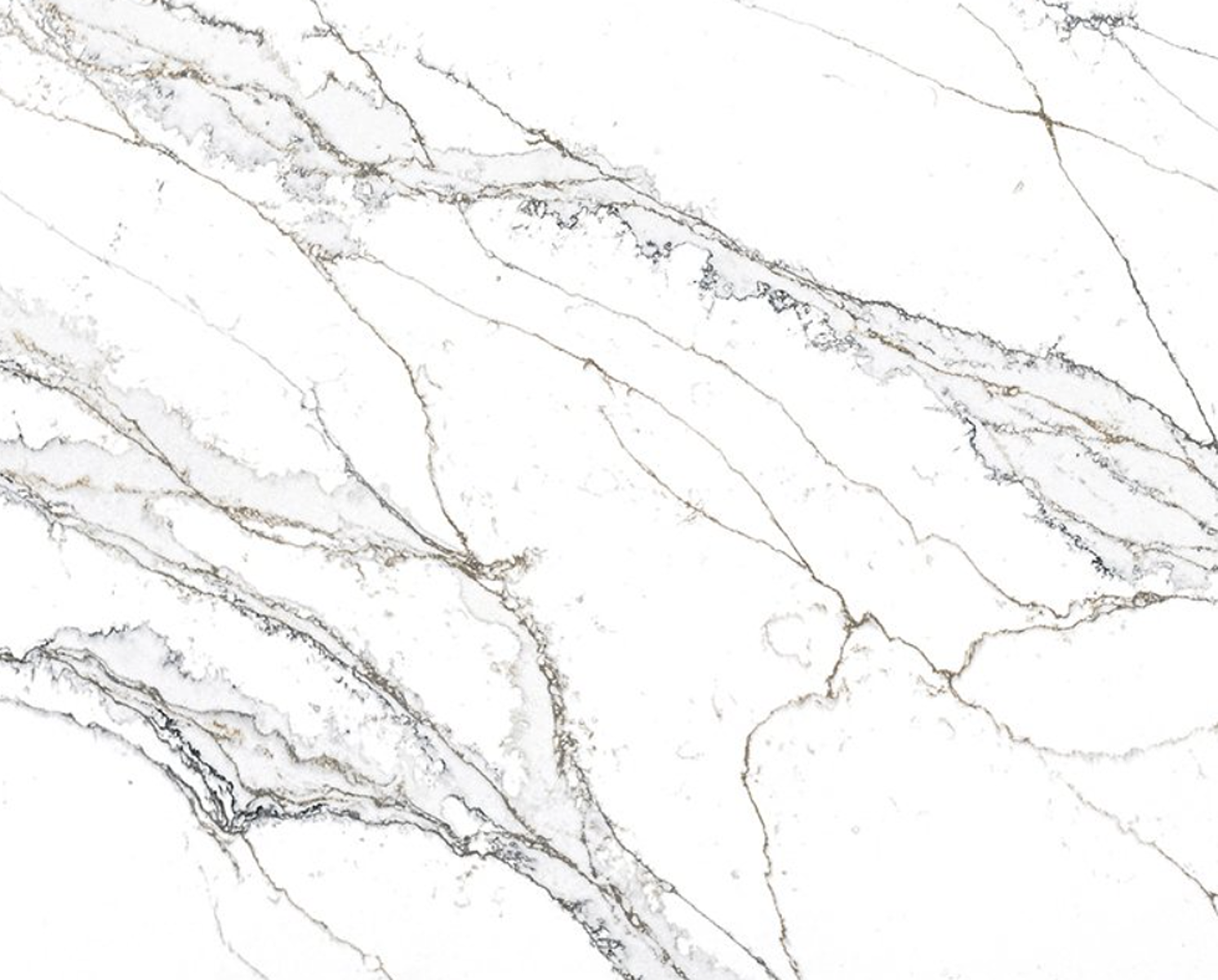 Closeup image of Stratus Quartz Unique Calacatta Macchia Vecchia Quartz countertop slab