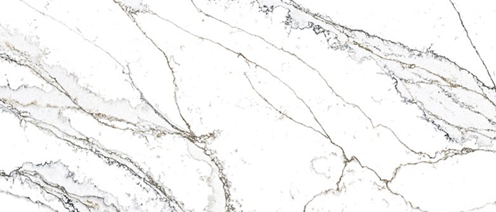 Closeup image of Stratus Quartz Unique Calacatta Macchia Vecchia Quartz countertop slab
