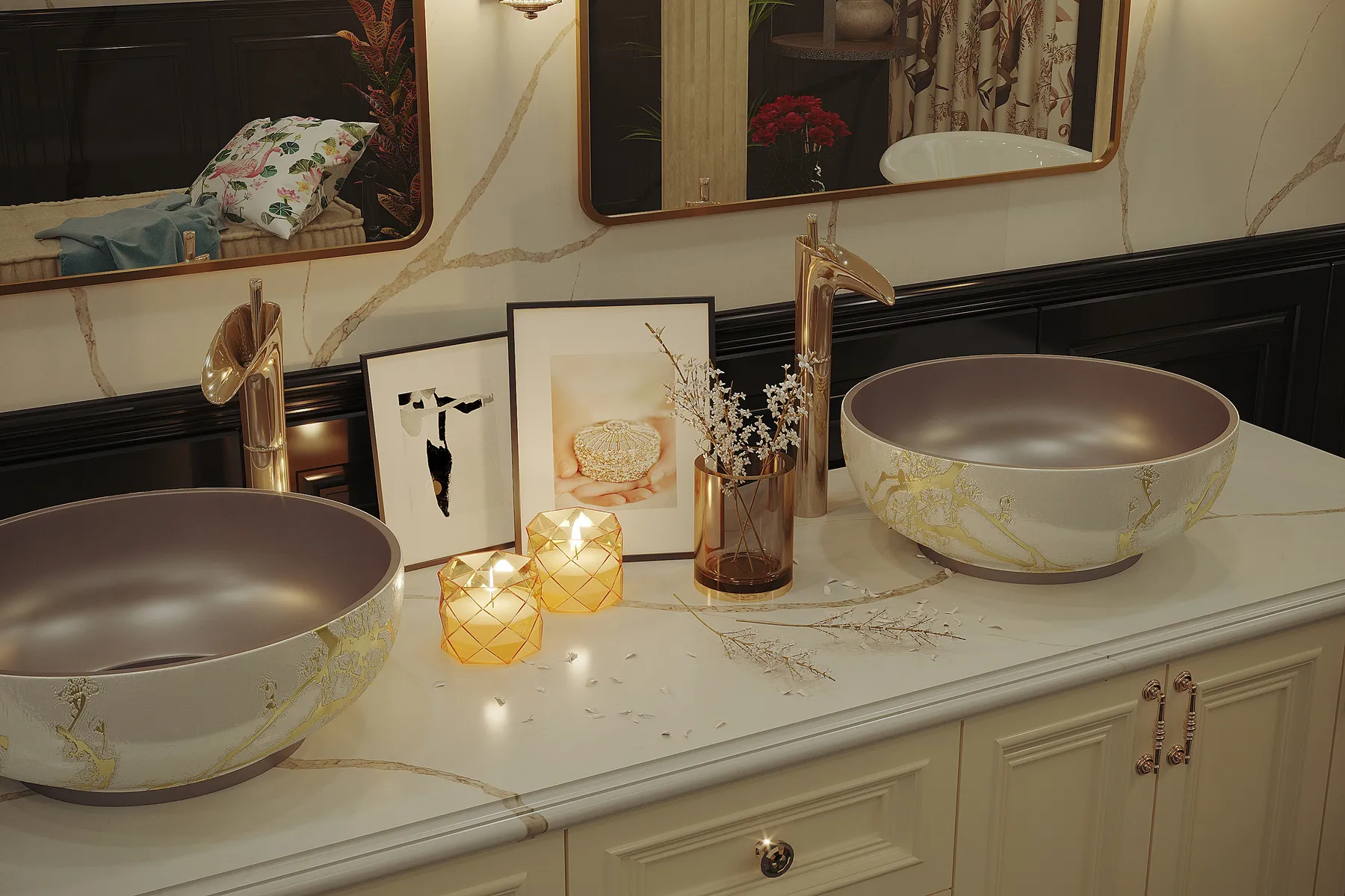 Image of installed Vicostone Alessandria Oro White Quartz countertops