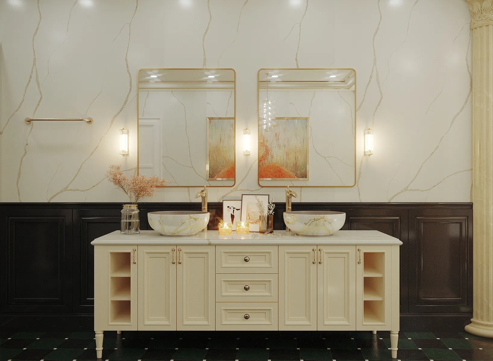 Image of installed Vicostone Alessandria Oro White Quartz countertops