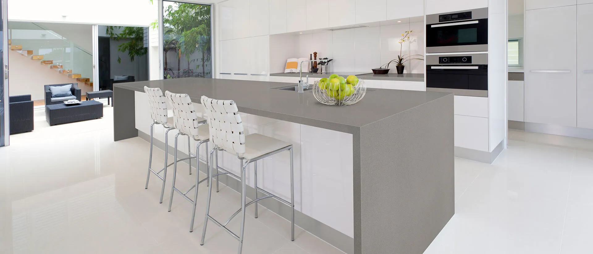 Image of installed Q Quartz Macabo Gray Grey Quartz countertops