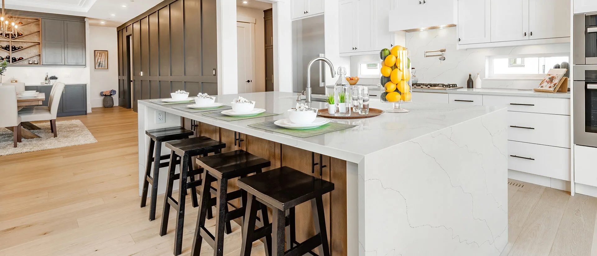 Image of installed Q Quartz Calacatta Duolina White Quartz countertops