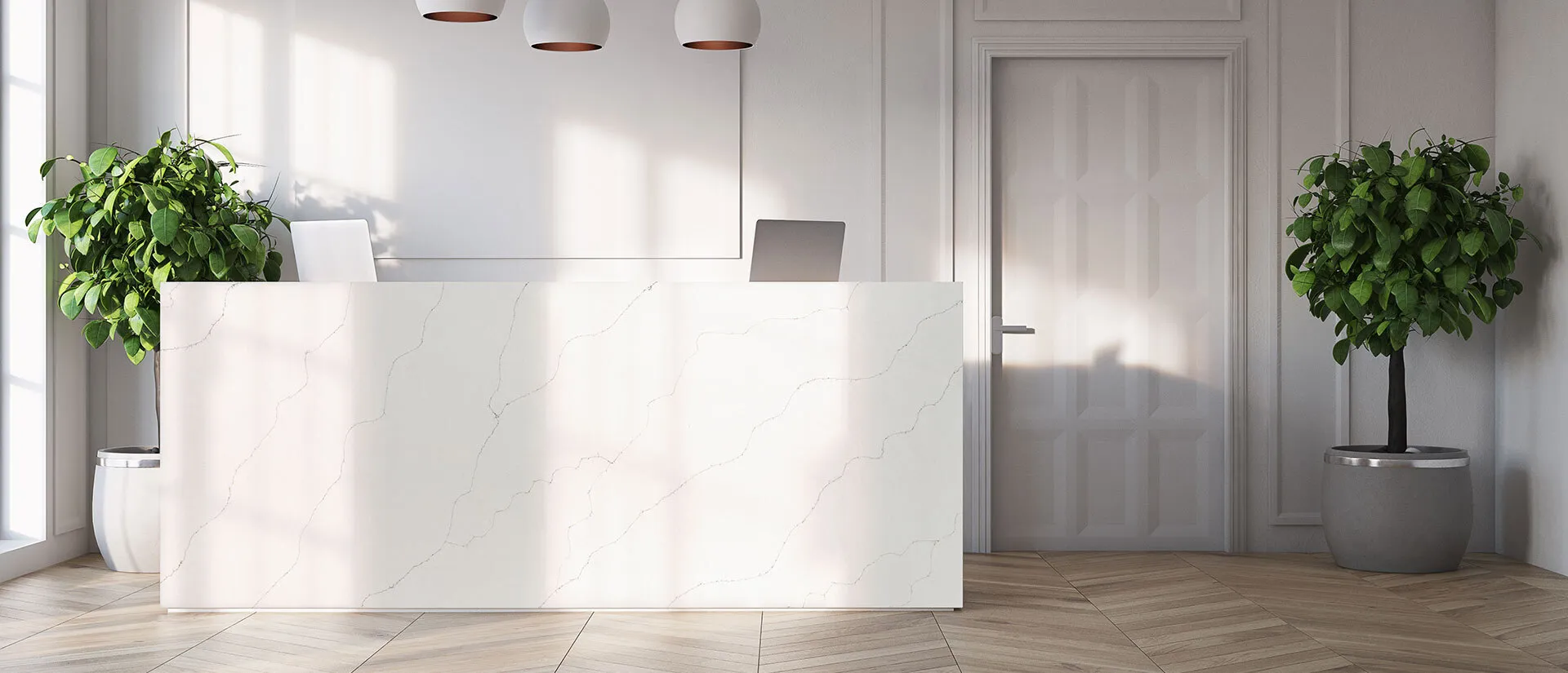 Image of installed Q Quartz Calacatta Duolina White Quartz countertops