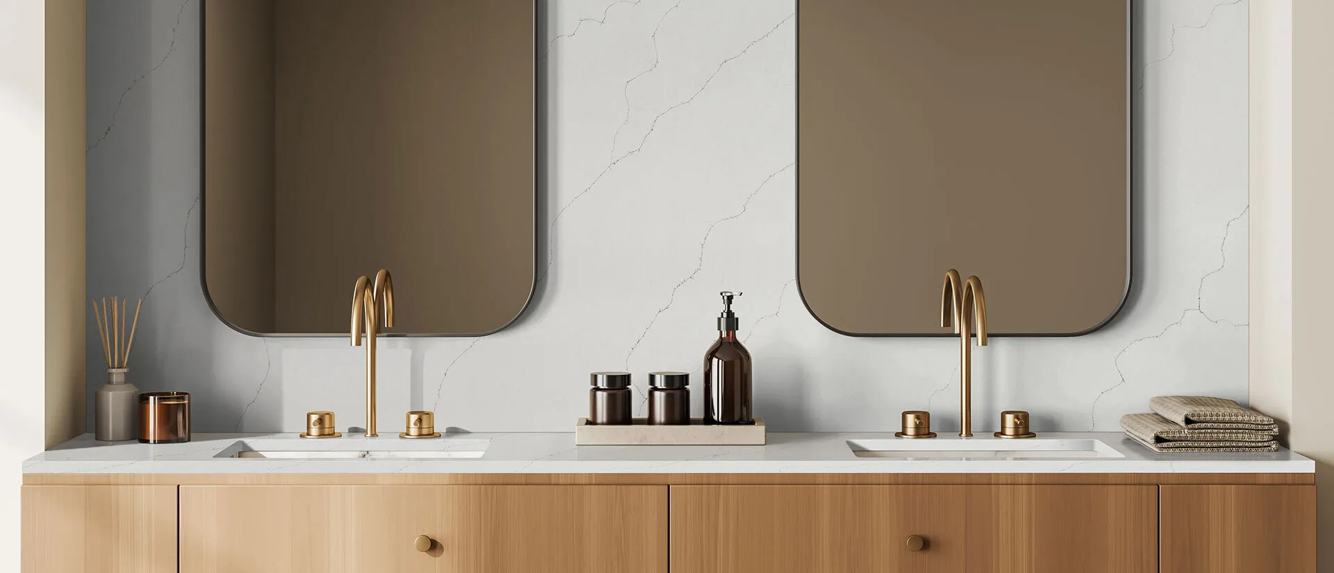 Image of installed Q Quartz Calacatta Duolina White Quartz countertops