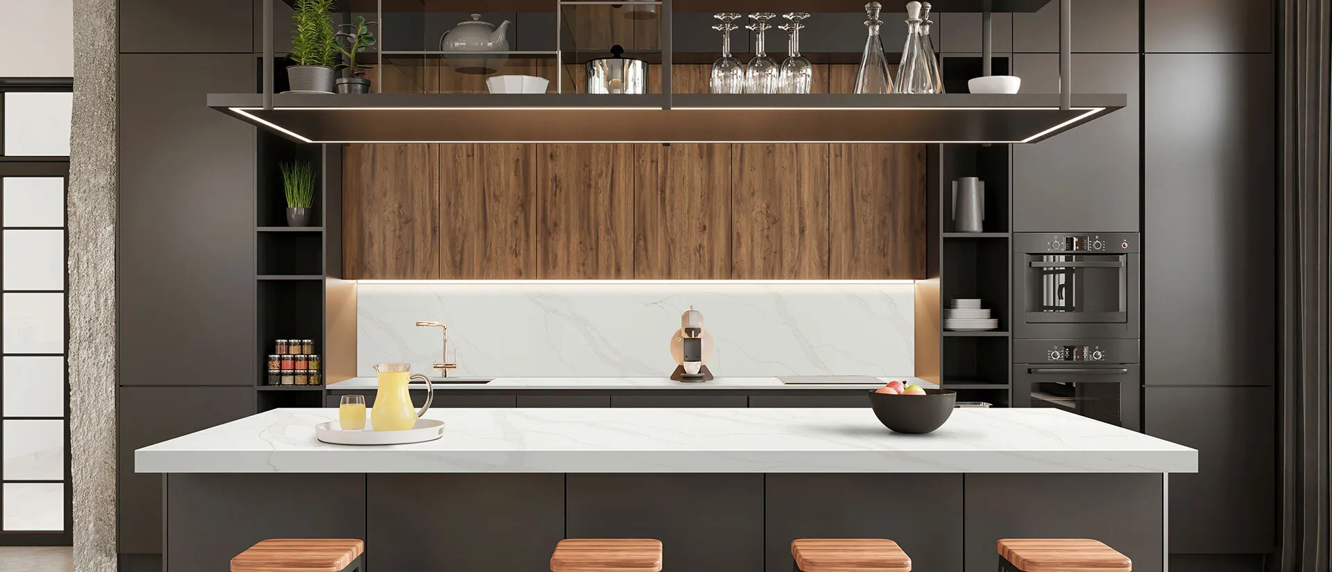Image of installed Q Quartz Calacatta Elysio White Quartz countertops
