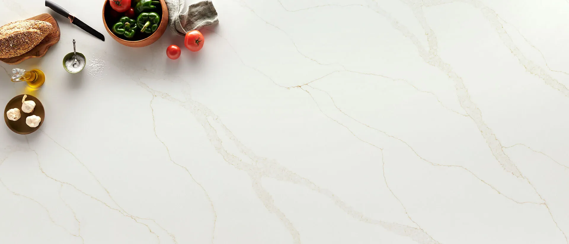 Image of installed Q Quartz Calacatta Elysio White Quartz countertops