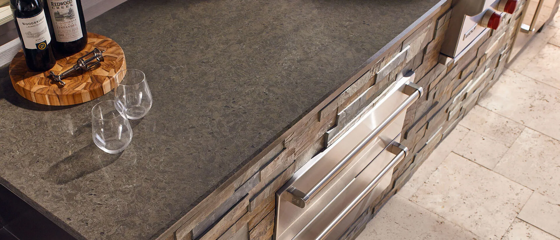 Image of installed Q Quartz Babylon Gray Quartz countertops
