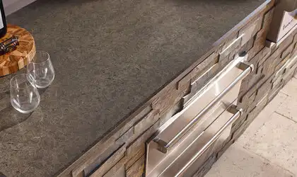 Image of installed Q Quartz Babylon Gray Quartz countertops