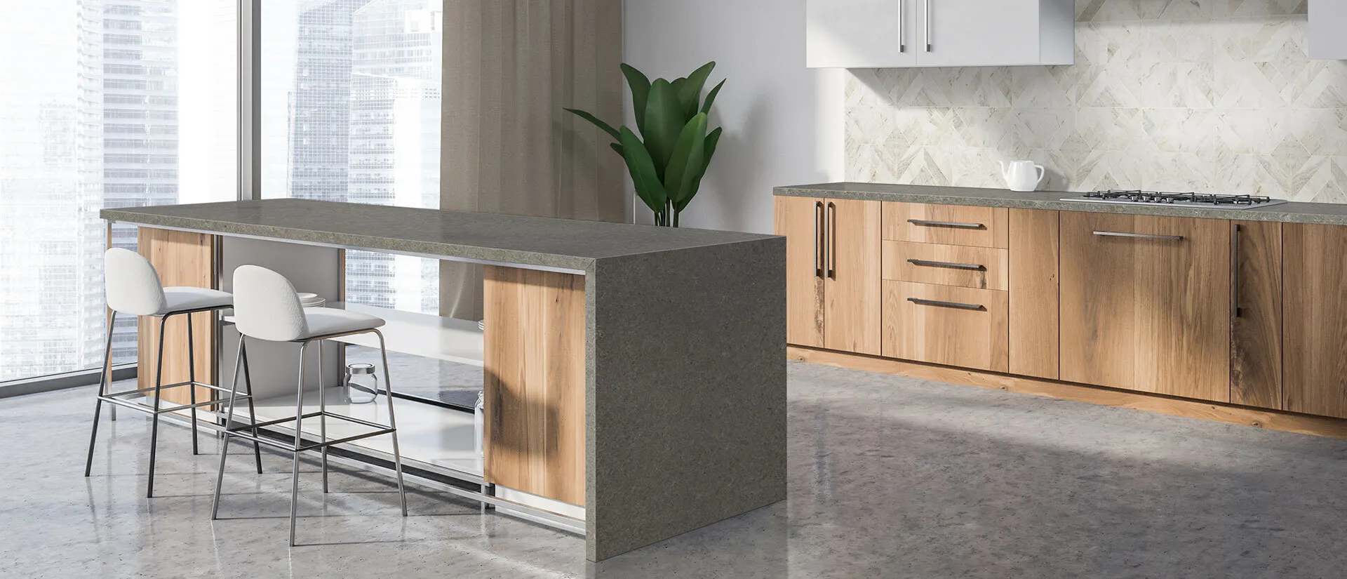 Image of installed Q Quartz Babylon Gray Quartz countertops