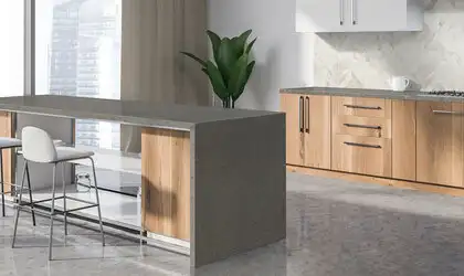 Image of installed Q Quartz Babylon Gray Quartz countertops