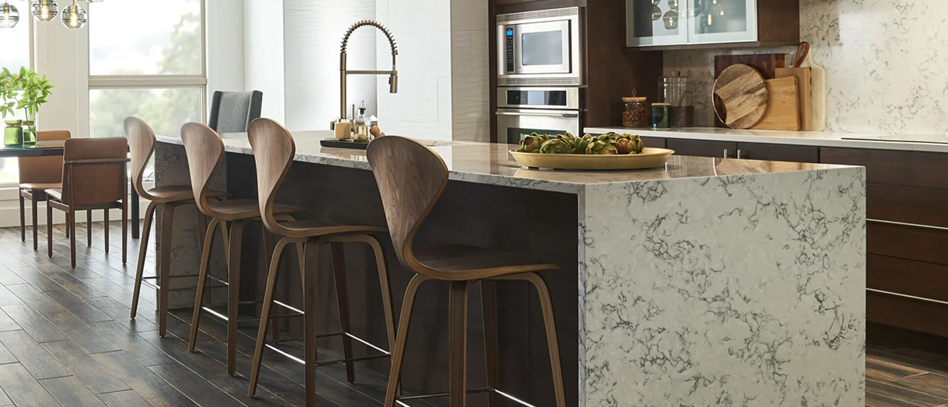 Image of installed Q Quartz Blanca Arabescato White Quartz countertops