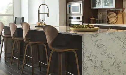 Image of installed Q Quartz Blanca Arabescato White Quartz countertops