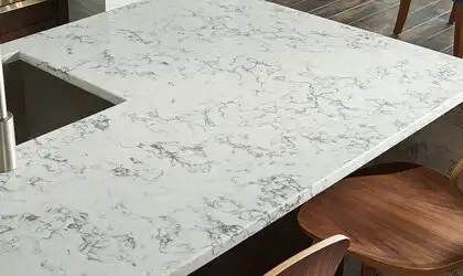 Image of installed Q Quartz Blanca Arabescato White Quartz countertops