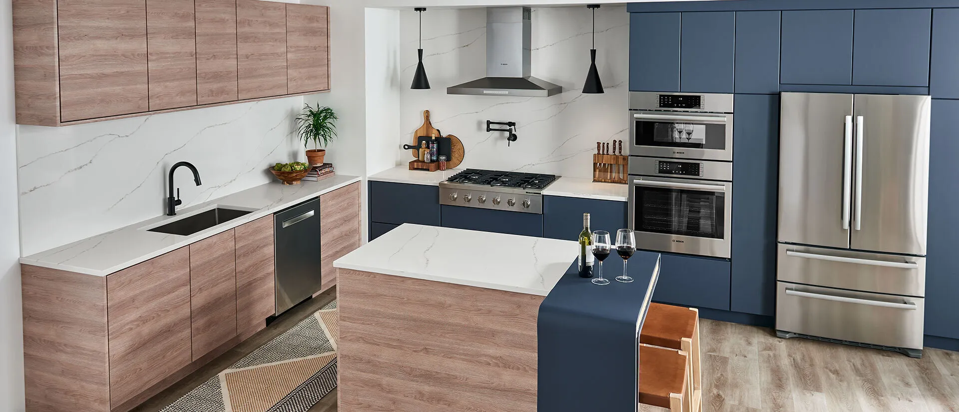 Image of installed Q Quartz Calacatta Arno Quartz countertops