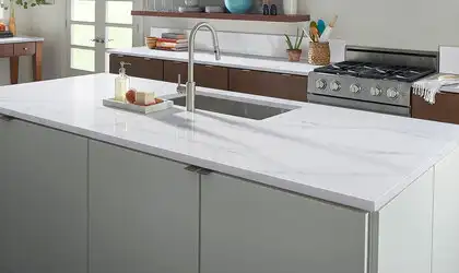 Image of installed Q Quartz Calacatta Azai Quartz countertops