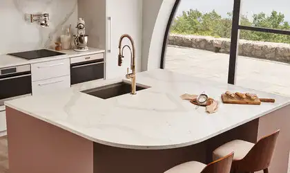 Image of installed Q Quartz Calacatta Azai Quartz countertops