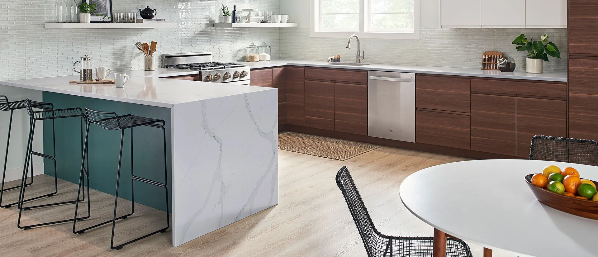 Image of installed Q Quartz Calacatta Azai Quartz countertops