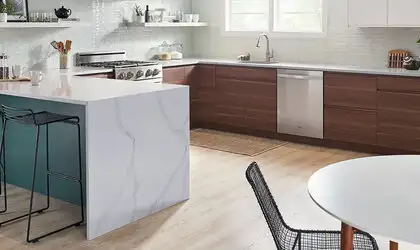 Image of installed Q Quartz Calacatta Azai Quartz countertops