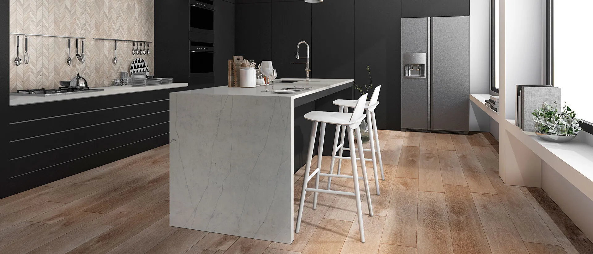 Image of installed Q Quartz Calacatta Clara Quartz countertops