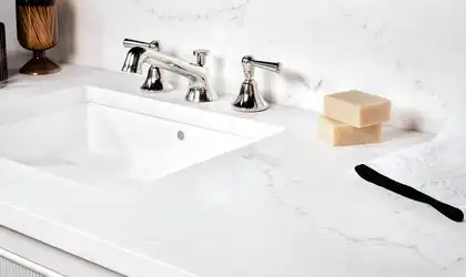 Image of installed Q Quartz Calacatta Delios Quartz countertops