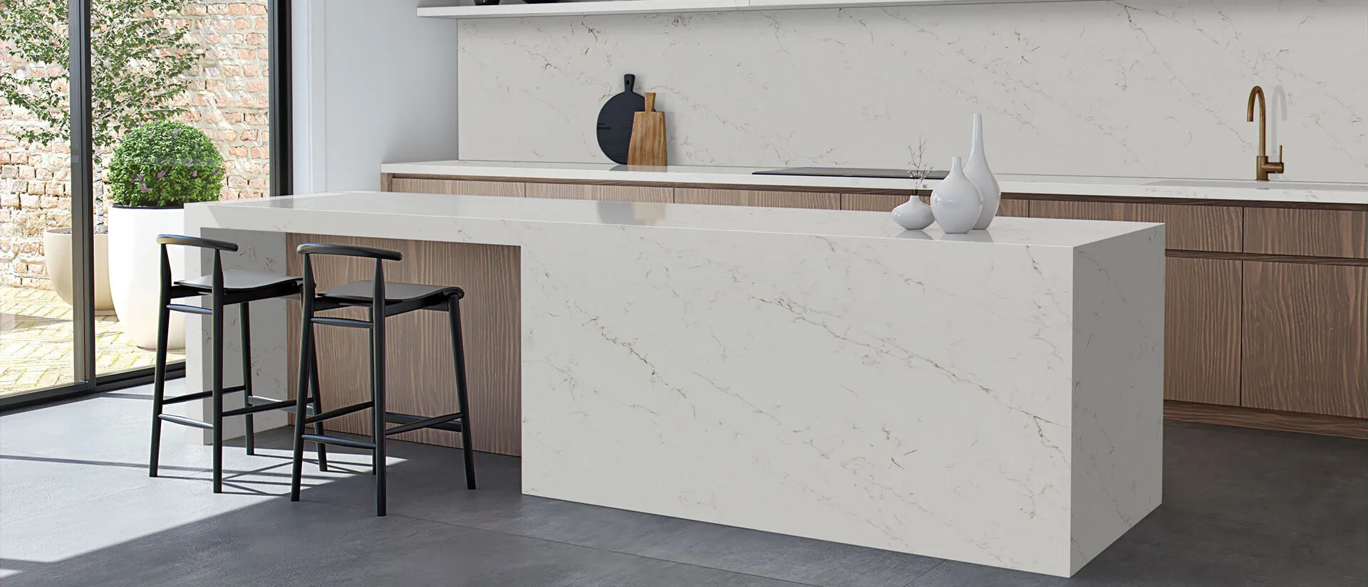 Image of installed Q Quartz Calacatta Delios Quartz countertops