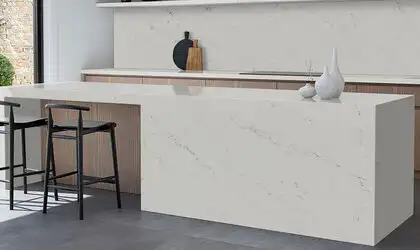 Image of installed Q Quartz Calacatta Delios Quartz countertops