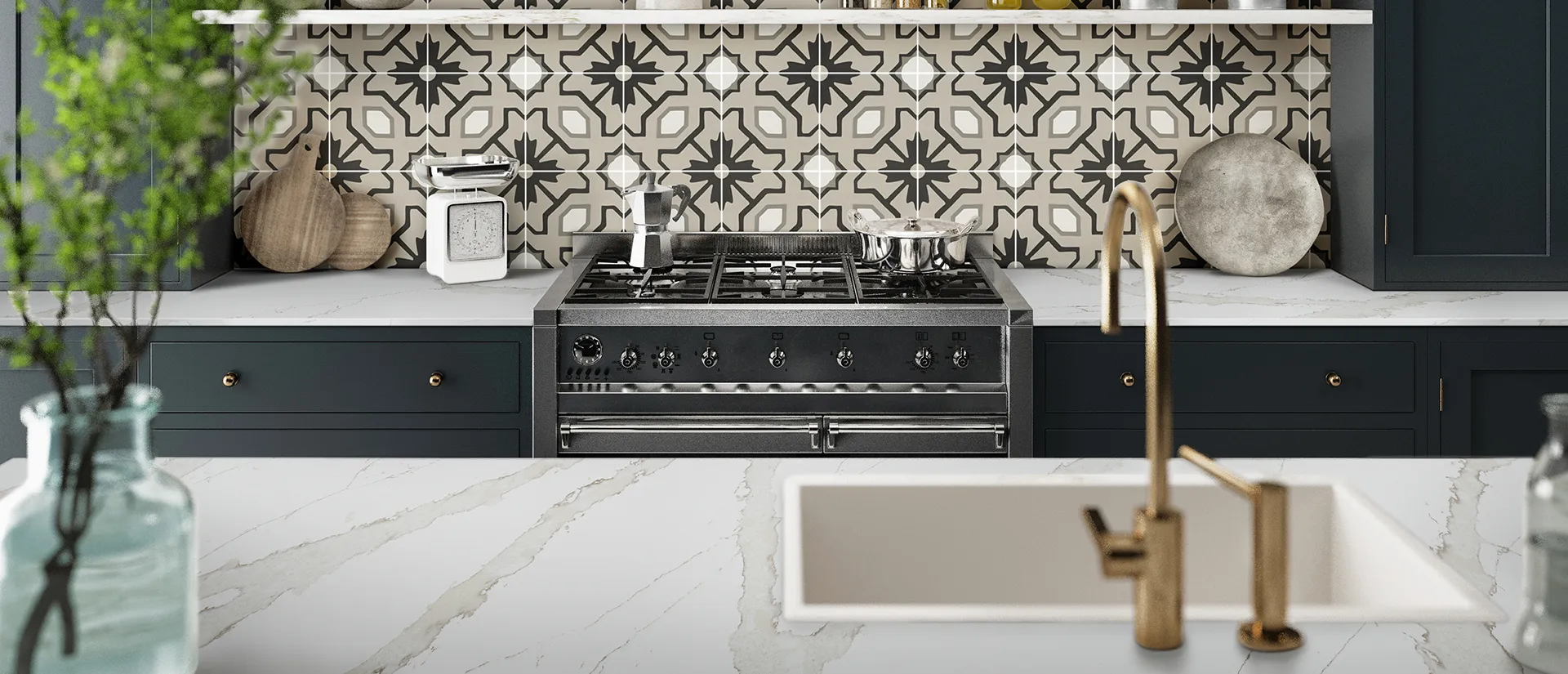 Image of installed Q Quartz Calacatta Goa Quartz countertops
