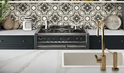 Image of installed Q Quartz Calacatta Goa Quartz countertops