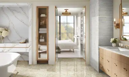 Image of installed Q Quartz Calacatta Goa Quartz countertops